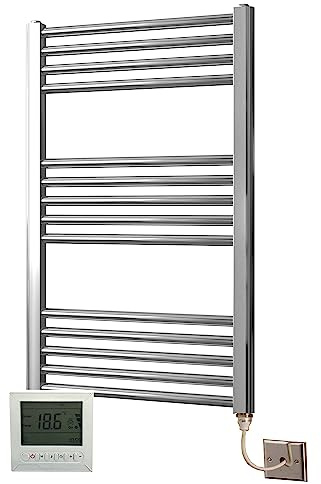 Greened House Extra High Heat Output Chrome Electric Flat Towel Rail 500 x 800mm Bathroom Radiator Heater Up to 26% More Heat Output + Timer and Thermostat