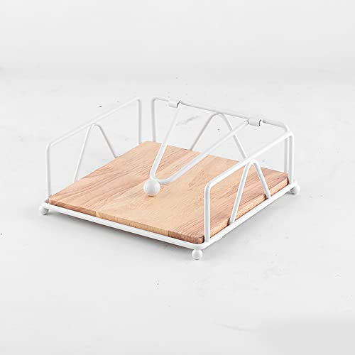 Flacher Serviettenhalter, Rustikaler Vintage-Serviettenspender aus Holz, Metallserviettenhalter mit Beschwertem Arm und Holzsockel, Serviettenspender, Taschentuchhalter für Küche, Esstisch,(Weiß)