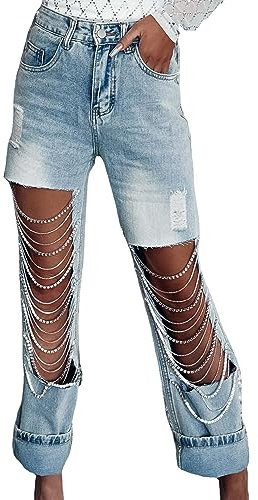 TEMKIN Jeans Moda De Las Mujeres La Decoración De La Cadena Jeans Rasgados De Verano Jeans Sueltos Casuales-Azul Claro,SG
