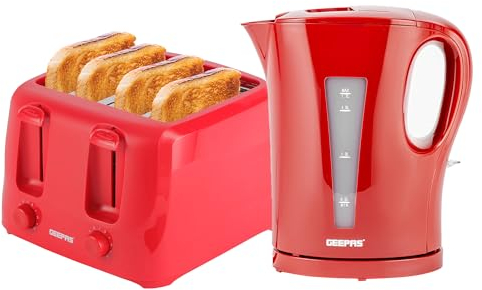 GEEPAS 1.7L Electric Kettle & 4 Slice Bread Toaster Kitchen Combo Set | 2200W Cordless Jug Kettle Auto Shut-Off | 1400W Toastie Machine 6 Browning Level Removable Crumb Tray | 2 Year Warranty, Red