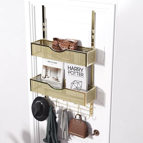 BRENNHOLZ Türhaken-Organizer, Garderobenleiste mit 10 Haken und 2 Netzkörben, Organizer für die Rückseite der Tür, für Badezimmer, Schlafzimmer, Küche, Büro (goldfarben)