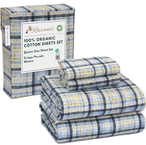 RUVANTI 100% Organic Cotton Sheets Queen Size, Percale Weave, GOTS Certified, 4-Piece Set, Deep Pocket 15, Crisp & Breathable, Soft Durable Bedding, Sábanas Algodón Orgánico – Pastel Print
