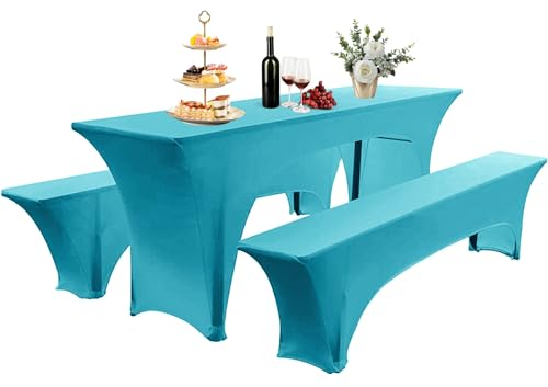 AIMENJOY Elastisch Biertischhussen Bierbank-Auflage & Tischdecke Für 50 cm or 70 cm Table Width 3 TLG-Set Breite Bierzeltgarnitur Stretch Hussen Für Festzeltgarnituren Bierbank Hussen (Blau -1,50 cm)