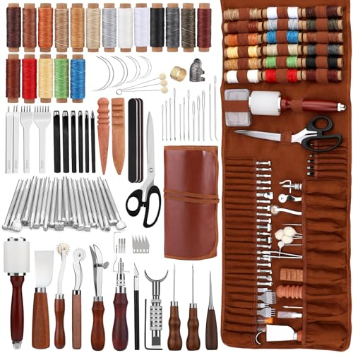 Benlay Kit d'Outils en Cuir Avec Sac à Enrouler et Manuel - Artisanat du Cuir Avec Alêne, Poinçon à Coudre et Fil Ciré