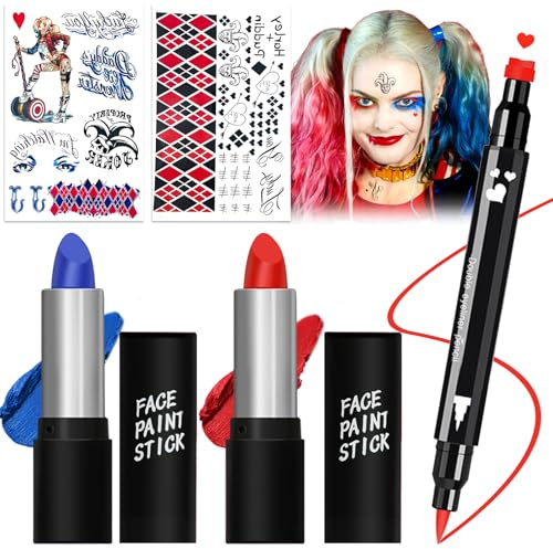 Schminke Set Makeup Kit, Gesichts Körperfarben Set mit 2 Rot Blau Face Paint, Doppelseitiger Eyeliner Stempel Bleistift, 2 Clown Temporäre Tattoo für Karneval Halloween Cosplay