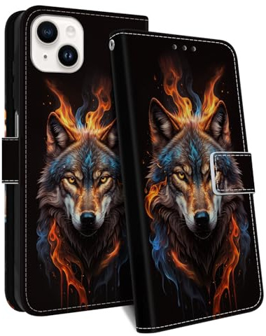HopMore for iPhone 13/14 Case, PU Leather Flip Wallet Case with Card Slot Kickstand Magnetic Closure Wrist Strap Shockproof Cover with Cute Pattern Animal Design for iPhone 13/14 Phone Case, Wolf