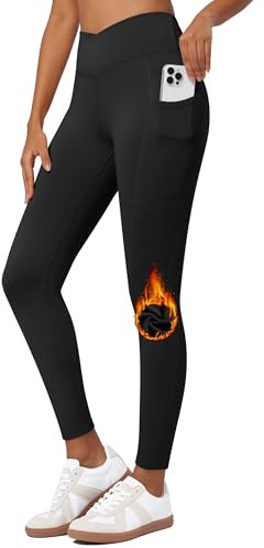 WILLIT Damen Thermo gefütterte Leggings Fleece warme Hose Thermohose Thermoleggings Sportleggings Wanderhose Winterhose High Waist Yogahose Laufhose wasserabweisend Crossover Schwarz XL