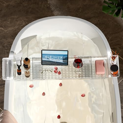 Badetablett, Badewannentablett, durchsichtig, ausziehbar, rutschfestes Badewannenregal mit Abflusslöchern, Badezimmer-Ablagefach für Weingläser, Telefon, Badeprodukte (Farbe: transparent)