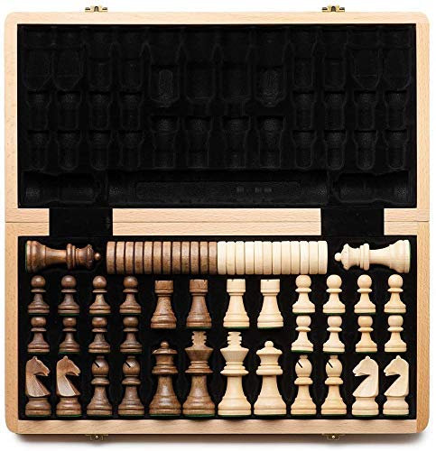 JFNHUTL Schachspiele und -bretter, 15 Zoll, zusammenklappbares Schach- und Dame-Set aus Holz mit 3 Zoll großen Figuren in Königshöhe, 2 zusätzlichen Damen/Schachfiguren aus Holz/