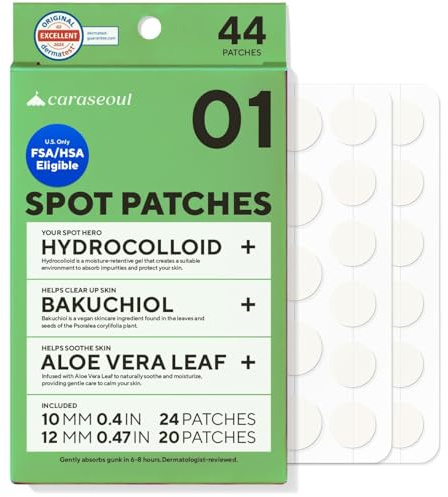caraseoul Parches Granos Pimple Patches en Hidrocoloide | Para Acné e Imperfecciones, Bakuchiol y Aloe Vera, Skincare Coreana, Testado Dermatológicamente (10/12 mm, 44 Unidades)