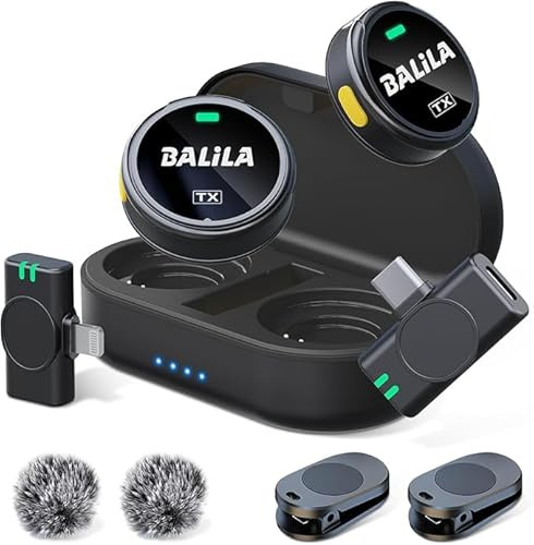 BALILA Wireless Lavalier Microphone for iPhone iPad Android Phone, Noise Reduction & Crystal Sound Lapel Mic, Clip on Mic for Video Recording Vlogging TikTok YouTube (2TX+2RX)