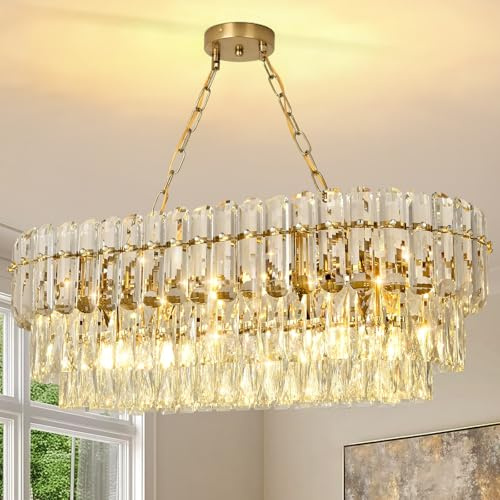KUNYEEE Modern Crystal Chandelier, Round Luxury Pendant Light 3-Tiers Ceiling Hanging, Gold Chandeliers Light Fixture for Dining Room Living Room E14 x 8, 80x35 cm