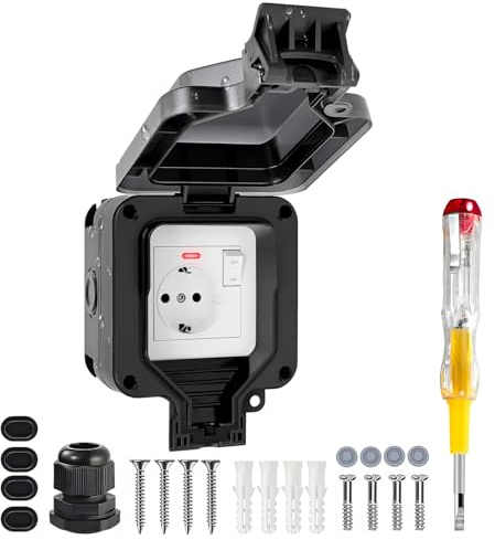 Außensteckdose Wasserdicht IP66 1-Fach, Steckdose Aufputz für Garten, Terrasse und Feuchträume, Aussensteckdose mit Anschluss-Set und Spannungsprüfer, IP-Schutz - Schwarz
