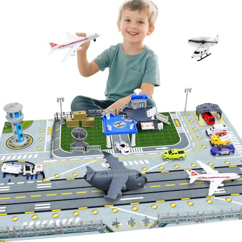 deAO Kids Airport Playset, Buildable Airport with Aeroplane Helicopter, Car Models, Interactive Mini Aviation Toy, Including Control Tower, Vehicles, Airport Runway Map, Airplane Toy​​s for Kids 3+