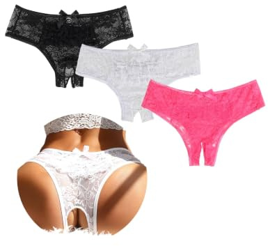 comeondear Tanga Abierto Mujer de Encaje 3 Piezas Negro+Blanco+Rosa,L