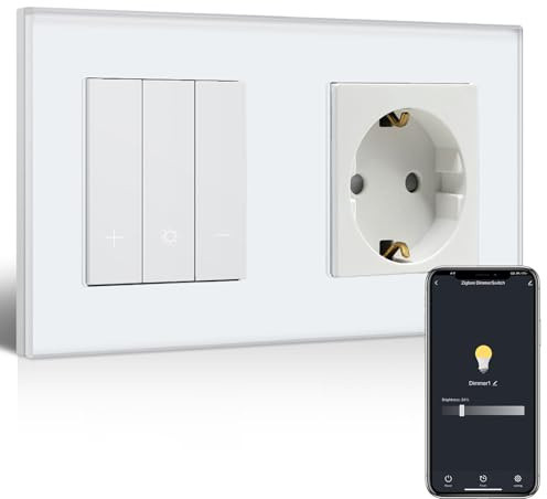 BSEEDLIFE Smart Zigbee Dimmschalter mit Normal Steckdose, Schuko Steckdose+Smart Dimmer Schalter Kompatibel mit Alexa/Google Home, Unterputz Lichtschalter Dimmbar, Weiß(Neutralleiter Erforderlich)