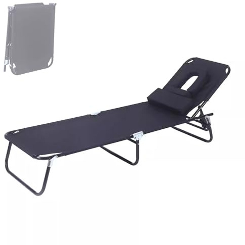 Verstellbarer faltbarer Loungesessel, tragbarer Outdoor-Liegestuhl mit Gesichtsloch, 4 Positionen, Sonnenliege, leichter Campingstuhl, 150 kg Kapazität, ideal für Strand und Garten (schwarz)