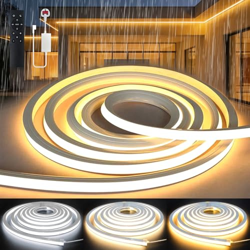 YOODI 20M/65.6FT Silicone Neon LED Strip Light Dimmable 3000-6500K 5%-100% LED Strip Lighting 220V Fireproof Waterproof IP65 Outdoor Rope Light Flexible Cuttable with Remote for Bedroom, Garden