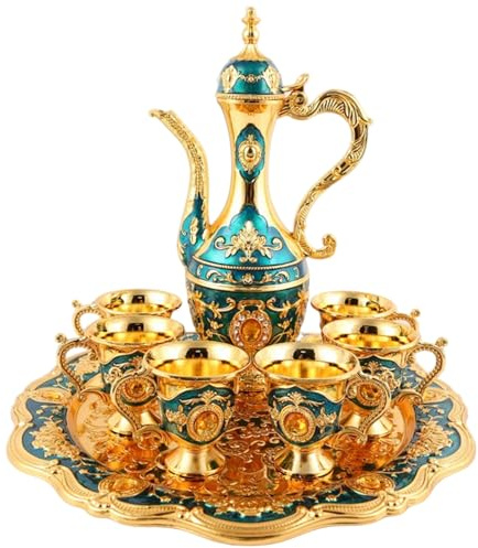 NASSMOSSE Service à thé Turc doré Vintage avec Plateau 6 Tasses en métal décor marocain de Luxe