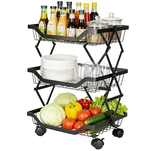 3 Tier Foldable Metal Storage Trolley, Fruit Vegetable Organiser Cart