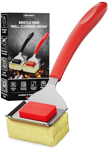 Bristle Free Grill Brush with Scraper for Outdoor Grill Cleaning, Safe Steam BBQ Grill Cleaner, Replaceable Head, Grilling Accessories for Cast Iron, Stainless Steel, Porcelain, Ceramic Grates - Red