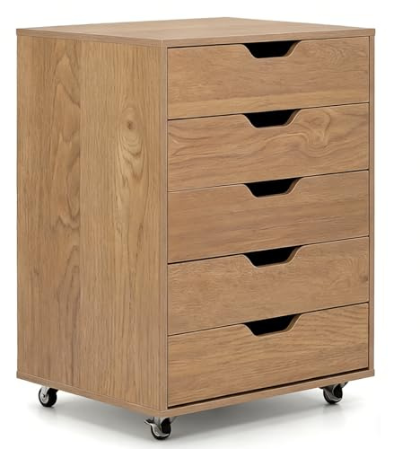 SFAREST Mobile File Cabinet, Lateral Stationery Vertical Rolling Filing Cabinet with Lockable Wheels, Wooden Under Desk Storage Cabinets for Home Office (Natural, 5 Drawers)