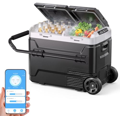 KROAK 50L Kompressor-Kühlbox mit Bluetooth-App, 2 unabhängige Temperaturzonen (-20°C bis +20°C), 12V/24V/230V – inkl. Rollen & Trennwand, leiser Betrieb (45 dB) – ideal für Auto, Caravan, Camping
