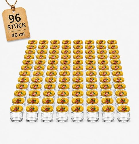 SEPIR 96 Stück Mini Honiggläser 40 ml mit Winnie Puuh Deckeln, kleine Honiggläser 46 x 43 mm, Glasbehälter für Honig, Gastgeschenke, Honigproben und DIY Geschenke