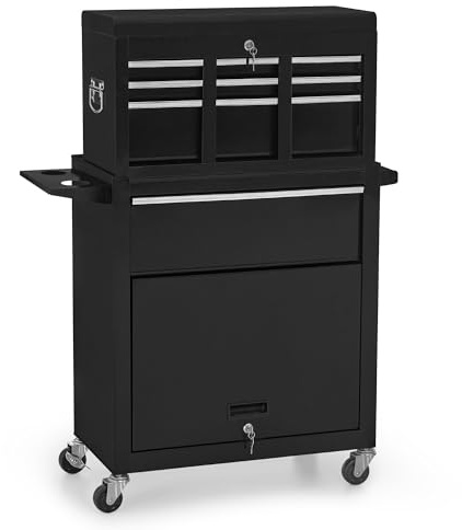 M MCombo 2 en 1 Chariot d'atelier incluant Coffre avec 6 Compartiments, 1 Armoire et 6 Crochets, Chariot d'atelier Vide sans Outils, Chariot Roulant pour Atelier, 33x81x108 cm, 0097 (Noir-Argent)
