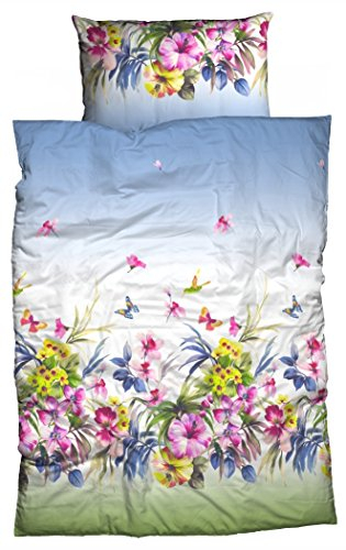sister s. Satin-Bettwäsche Alba einfach hip Blumen und Schmetterlinge in tollen Frühlingsfarben 135x200 blau