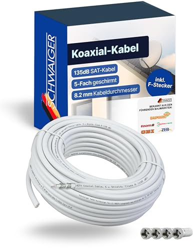 SCHWAIGER Koaxialkabel 10 m I SAT-Kabel & Antennen-Kabel mit 135dB Schirmungsmaß I 8,2mm Koaxial-Kabel für SAT- & Kabelfernsehen I 5-fach geschirmt & witterungsbeständig I inkl. 4 F-Stecker