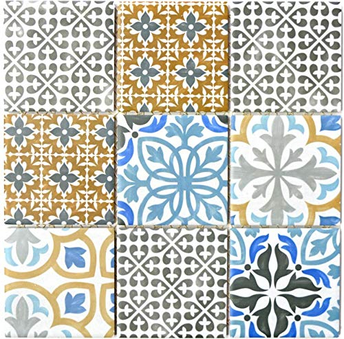 Piastrelle a mosaico in stile retrò, in ceramica, color crema, blu, arancione, grigio opaco.