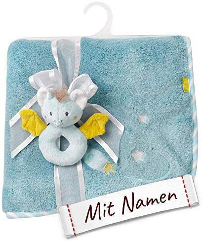 Fehn Fledermaus Schmusedecke mit Namen personalisiert (Bestickt), Kuscheldecke, als Krabbelunterlage, Schnuffeltuch oder Zudecke, 100x75 cm, Junge