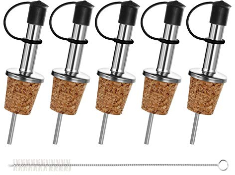 Incutex 5X Vertedores de Botellas y 1x Cepillo de Limpieza, Pico de Corcho con Cierre de Tapón de Goma, Vertedor Dosificador de Espíritus Vino Licor Vinagre