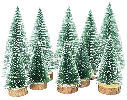 TheStriven 10 Stück Mini Weihnachtsbaum Künstlicher Kiefernbaum mit Holzsockel Tanne Tannenbaum mit Schnee-Effek DIY Grün Klein Christbaum für Weihnachten Party
