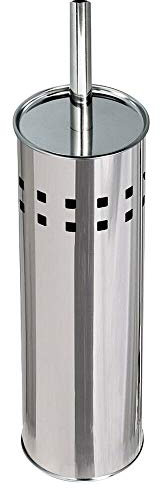 Vetrineinrete® Portascopino a cilindro con scopino da bagno in acciaio satinato con coperchio spazzolone per WC toilette argento A70