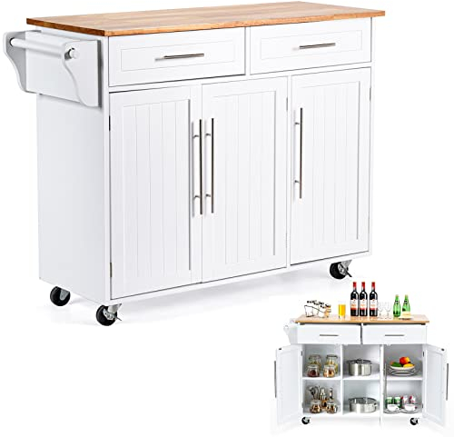 RELAX4LIFE Carrello Mensola Multifunzione, Mensola con 2 Cassetti e 3 Armadietti, Banco di Lavoro in Legno, Carrello con Maniglia Portastrofinacci e Portacoltelli, Isola Mobile per Cucina con Rotelle