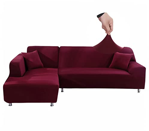 Jaotto Sofabezug Elastische Spandex Stretch Couchbezug für L-Form Sofa Überwürfe Universal Waschbar Sofaüberwurf 2er Antirutsch(2 Sitzer+3 Sitzer,Bordeaux)