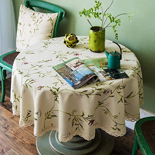 Ricemru Rund Tischdecke Vintage Blumen 140cm Baumwolle Leinen Tafeldecke Tischwäsch Landhaus Pflanze Tischtuch Garten Tischdecken für Drinnen Draußen Rund