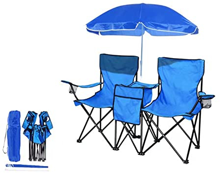 Yadlan Campingstuhl Zweisitzer, Angelstuhl Faltbar mit Fussteil, Campingsessel Deluxe mit GeträNkehalter und KüHlfach, Klappbar Tragbar Strandstuhl Sonnenschutz und Regenschutz