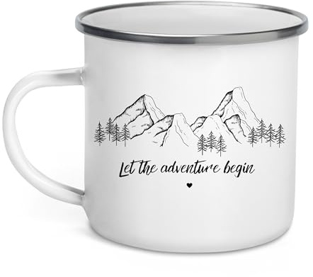 Little Mathilda Emaille Tasse personalisiert mit Zitat oder Spruch Emaillebecher Wohnwagen Geschenke für Camper Emaille Tasse Camping Blechtasse Wohnwagen Zubehör Deko Berge (Let the adventure..)