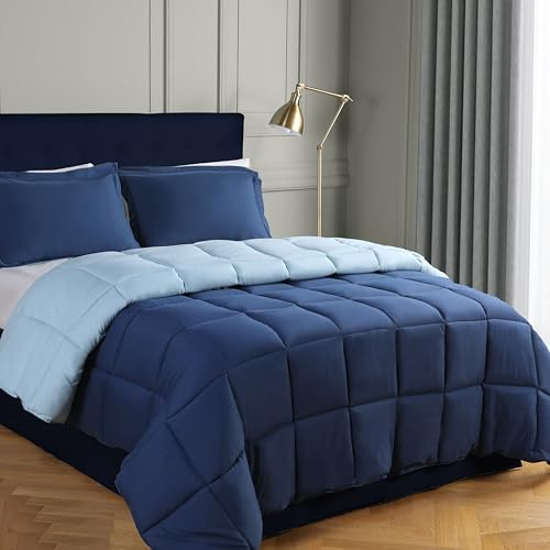 HIG 3 Pieces Navy Reversible Coverless Duvet Double - 200 x 200cm - OEKO-TEX Certified - 10.5 Tog Duvet with Corner Tabs - Down Alternative Comforter with 2 Shams - Machine Washable
