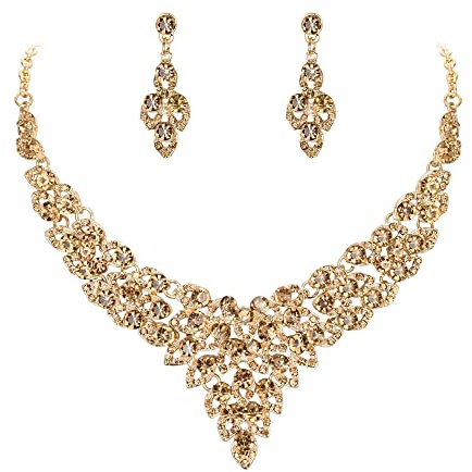 EVER FAITH Damen Kristall Party Floral Hohl Blätter V Form Halskette Ohrringe Set Braun Gold-Ton