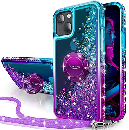 Silverback for iPhone 14 Case, Glitter Case with Stand & Lanyard. Purple | Liquid Holographic Sparkly Glitter Case, Women Girls Bling Diamond Ring Shockproof Protective Cover- Purple