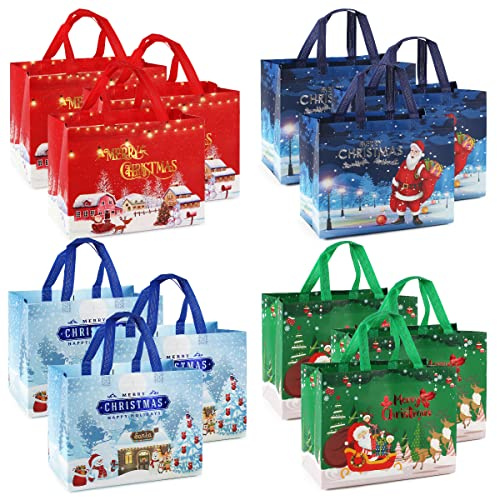 12 × Weihnachtsgeschenktüten Mit Griffen - Multifunktions-Tragetaschen Zum Einpacken Von Geschenken, Einkaufen Und Partyzubehör - Leckerei-Taschen Aus Vlies