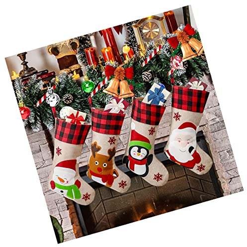 4er Set Weihnachtsstrumpf, große Nikolausstiefel zum Befüllen als Weihnachtsgeschenktasche 46 X 20CM, hängende Nikolausstrumpf für Weihnachtsbaum, Thema Weihnachtsmann Schneemann Pinguin Rentier