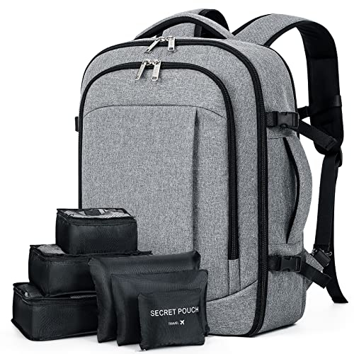 Lekespring Handgepäck Rucksack Damen Laptop Rucksack Reiserucksack Business Rucksack Travel Backpack mit 6 Teilige Kleidertaschen für Urlaub Business Arbeit Reisen, Grau