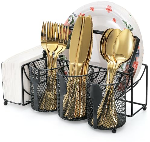 Mezchi Metall-Utensilienbehälter mit 5 Fächern, schwarzes Netz, Besteck-Aufbewahrungshalter für Servietten, Teller, Party, Camping, Picknick, Buffet, Wohnmobil, Grill, Küche, Arbeitsplatte