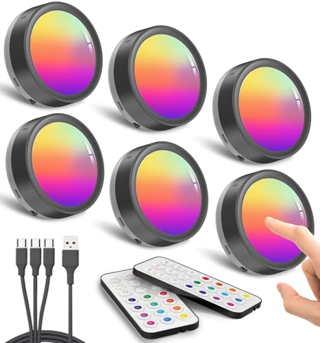 Wiederaufladbare LED Schrankbeleuchtung mit Akku und Fernbedienung, RGB LED Spot USB Aufladbar Vitrinenbeleuchtung Ohne Kabel Rund Unterbauleuchte Küche Farbwechsel Schrankleuchte Batterie Klebelampe