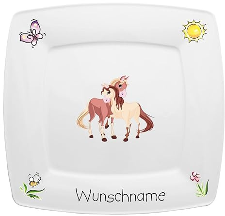 Doriantrade Speiseteller eckig 26cm Kinderteller Teller Porzellan Pferde 2 personalisierbar mit Wunschname Name Kindergeschirr mit Namen personalisiert